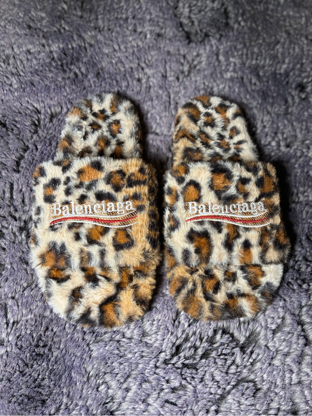 Balenciaga Fuzzy Leopard-Print Slide Slippers - tan, black, cream